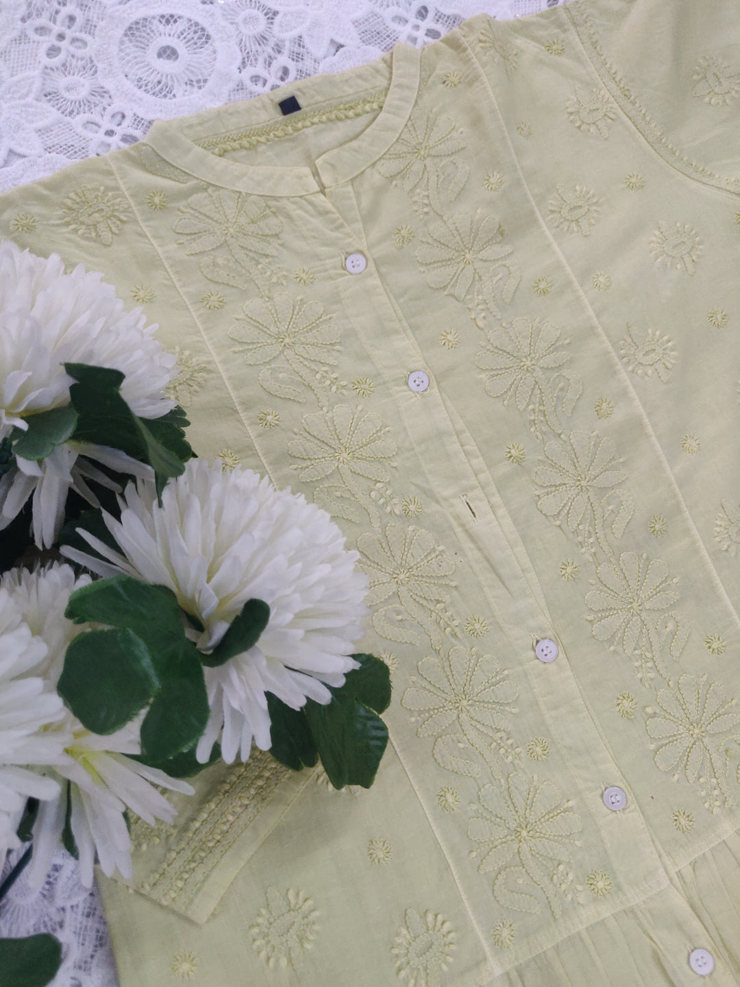 Lime green Cotton Chikankari Short kurta