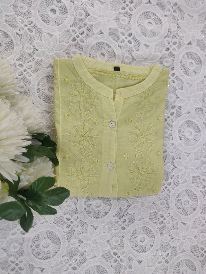 Lime green Cotton Chikankari Short kurta