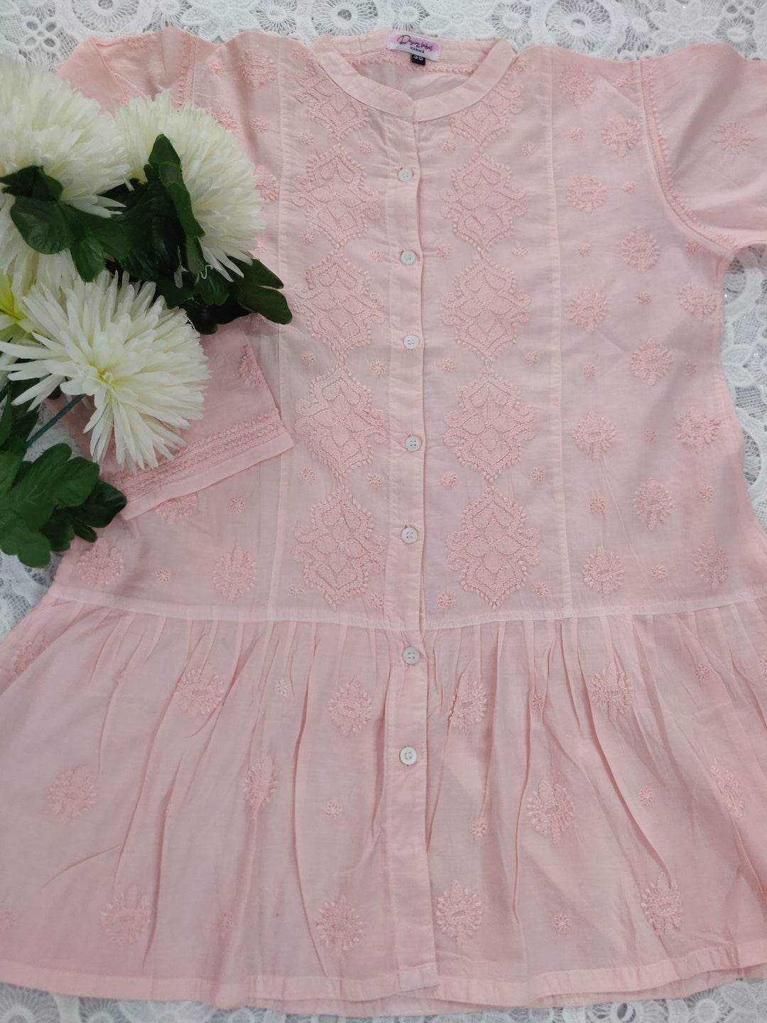 Peach Cotton Chikankari Short kurta