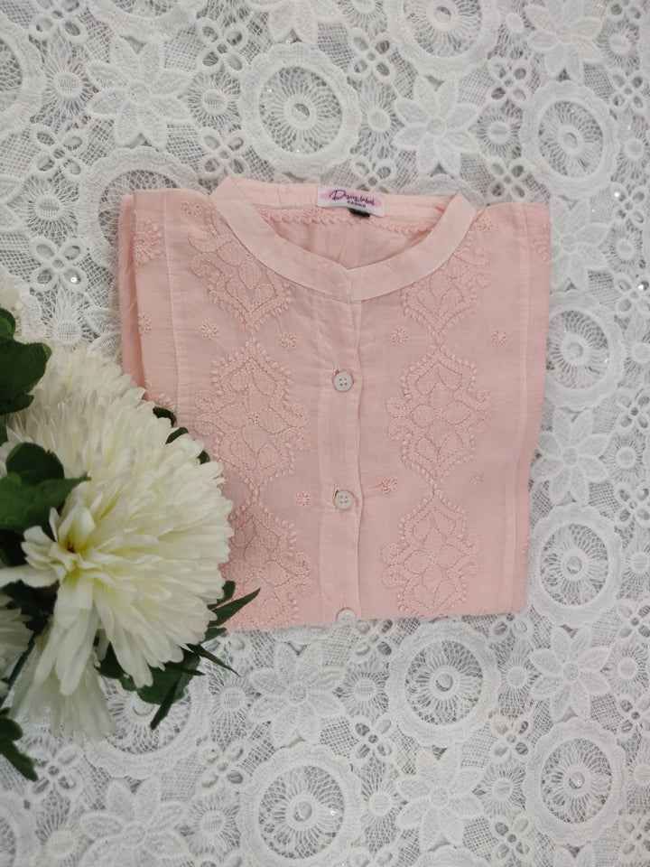 Peach Cotton Chikankari Short kurta