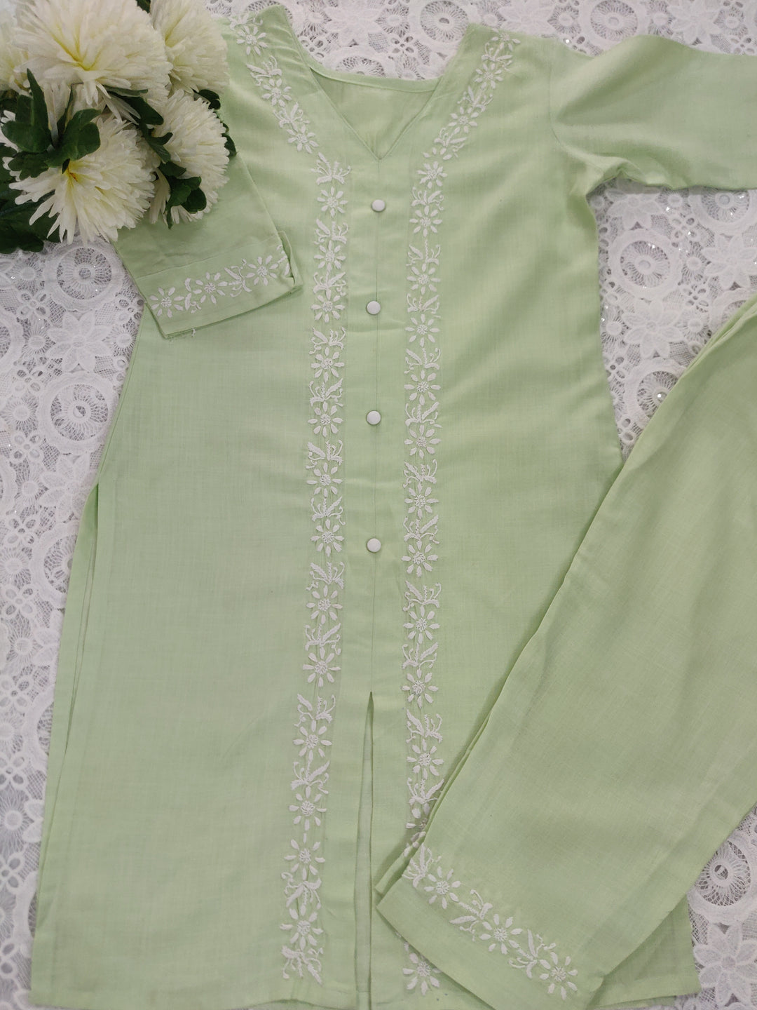 Linen Cotton Light Green Chikankari Co-ord Set