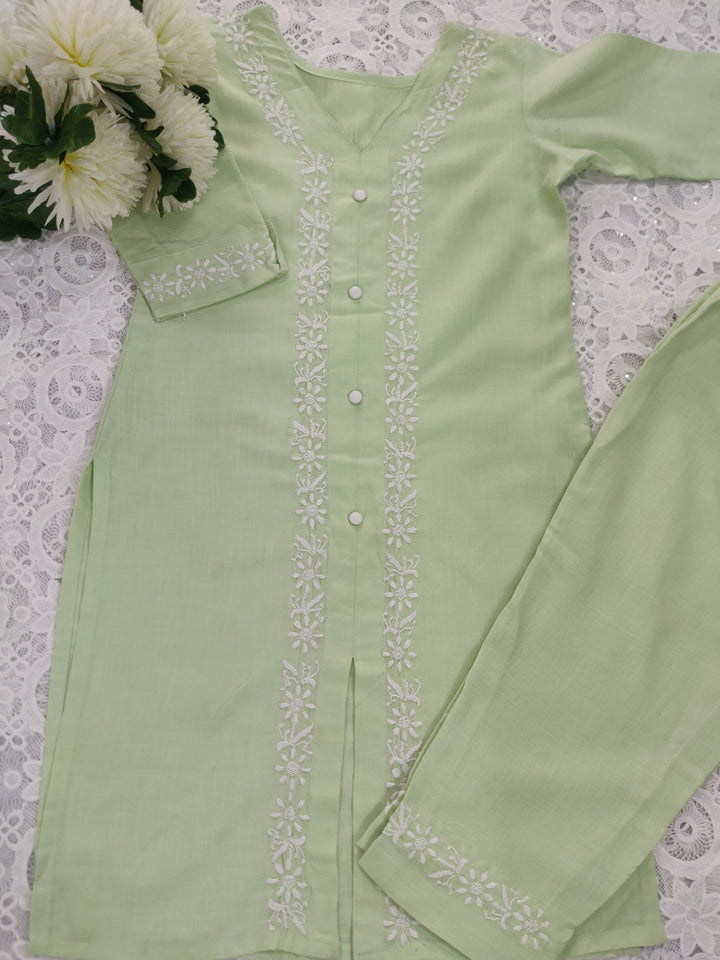 Linen Cotton Light Green Chikankari Co-ord Set