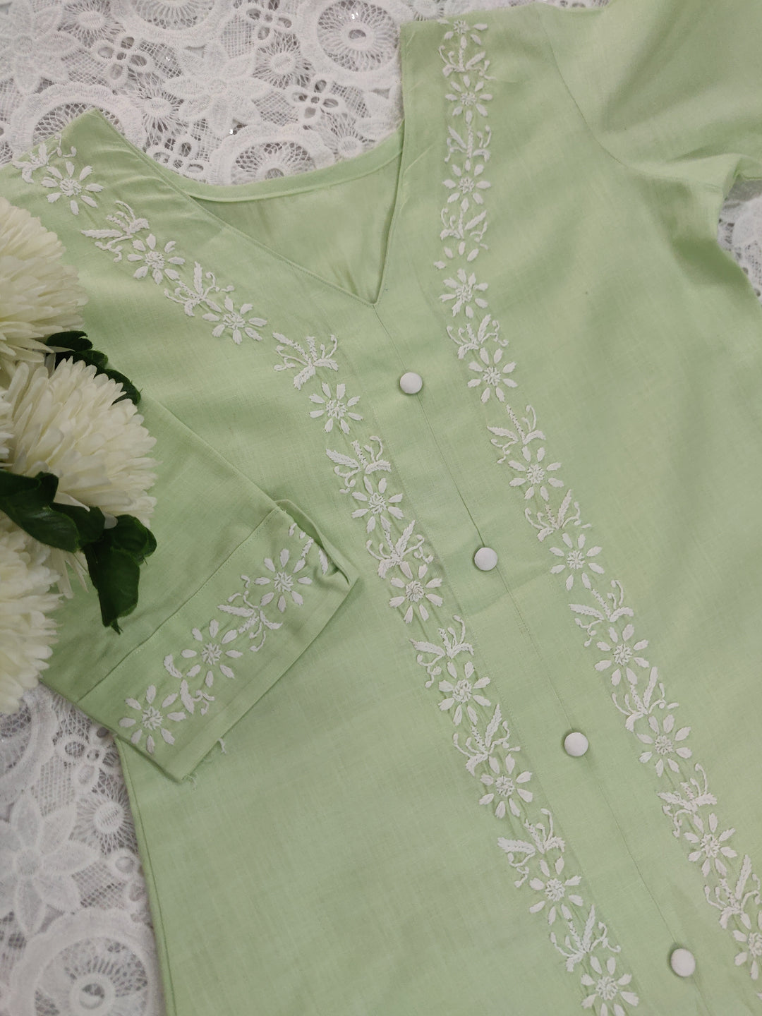 Linen Cotton Light Green Chikankari Co-ord Set