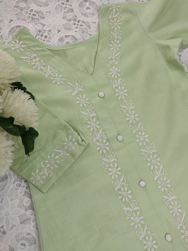 Linen Cotton Light Green Chikankari Co-ord Set