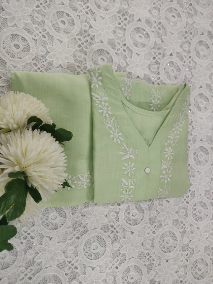 Linen Cotton Light Green Chikankari Co-ord Set