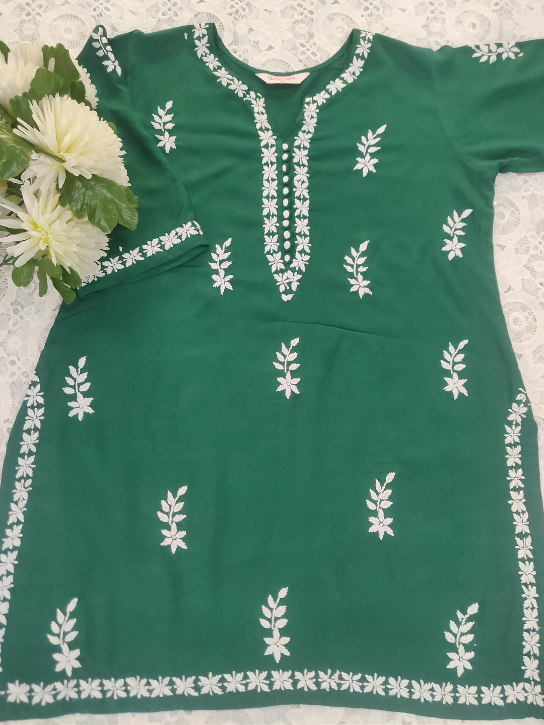 Dark Green Rayon Chikankari Short Kurta