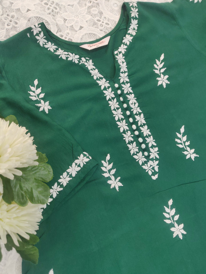 Dark Green Rayon Chikankari Short Kurta