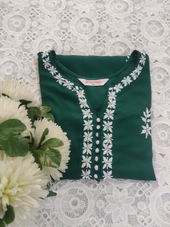 Dark Green Rayon Chikankari Short Kurta