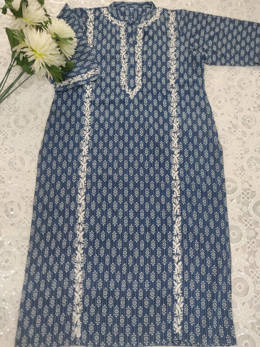 Navy Blue Printed Cotton Chikankari kurta