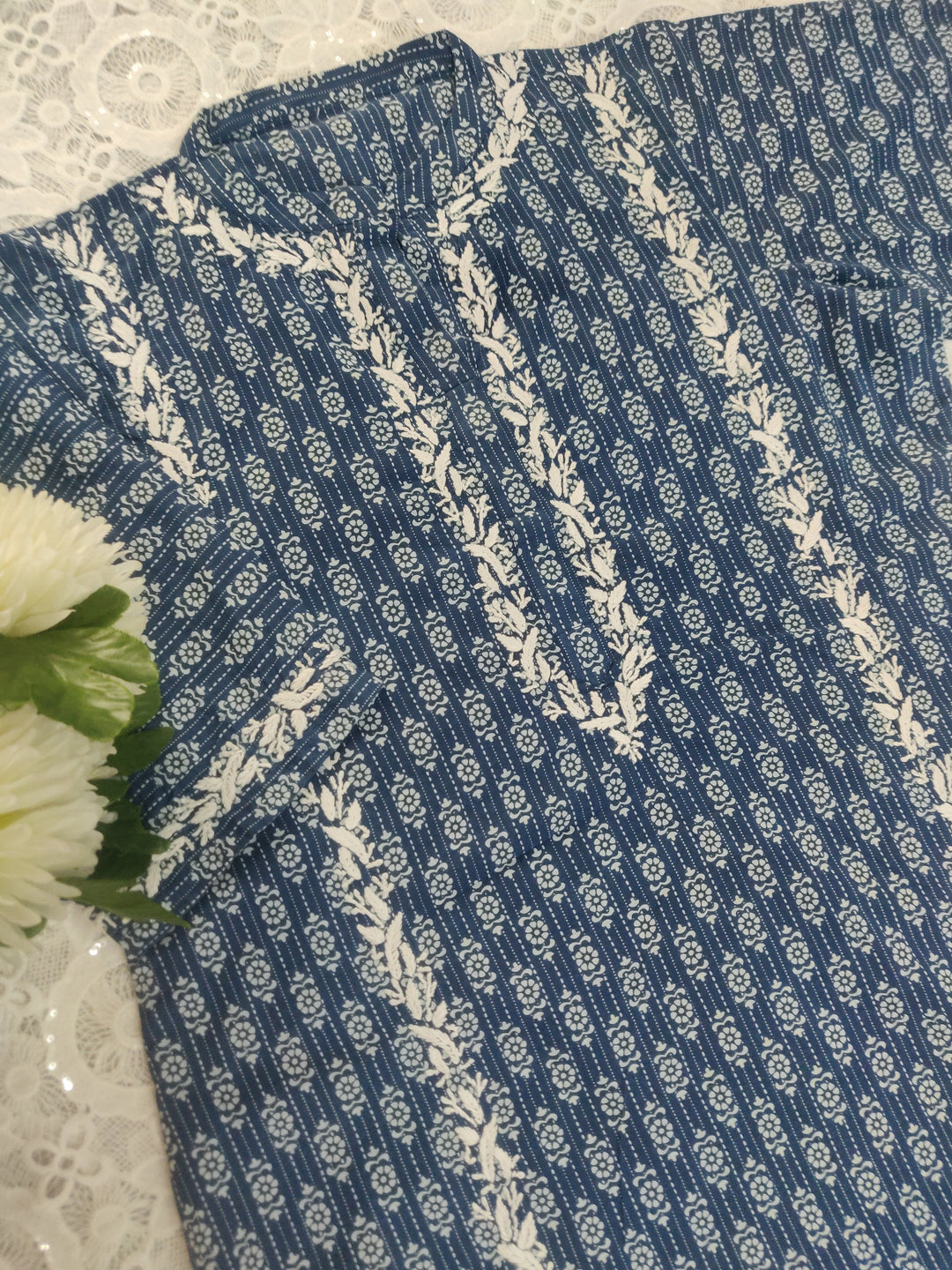 Navy Blue Printed Cotton Chikankari kurta