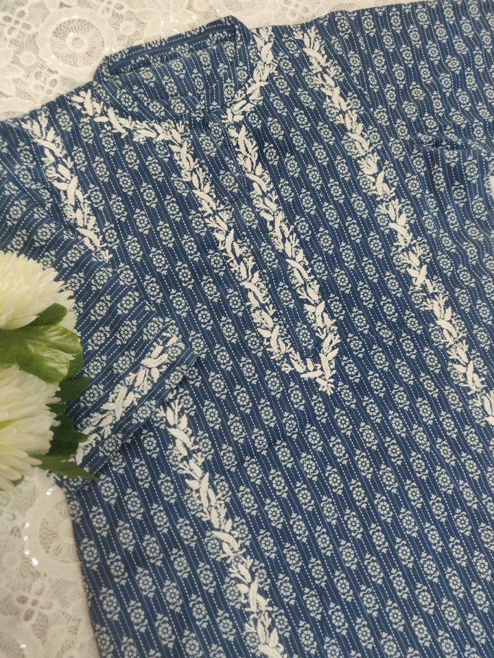 Navy Blue Printed Cotton Chikankari kurta
