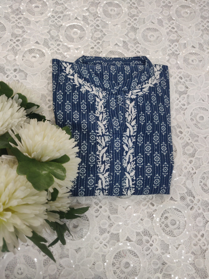 Navy Blue Printed Cotton Chikankari kurta