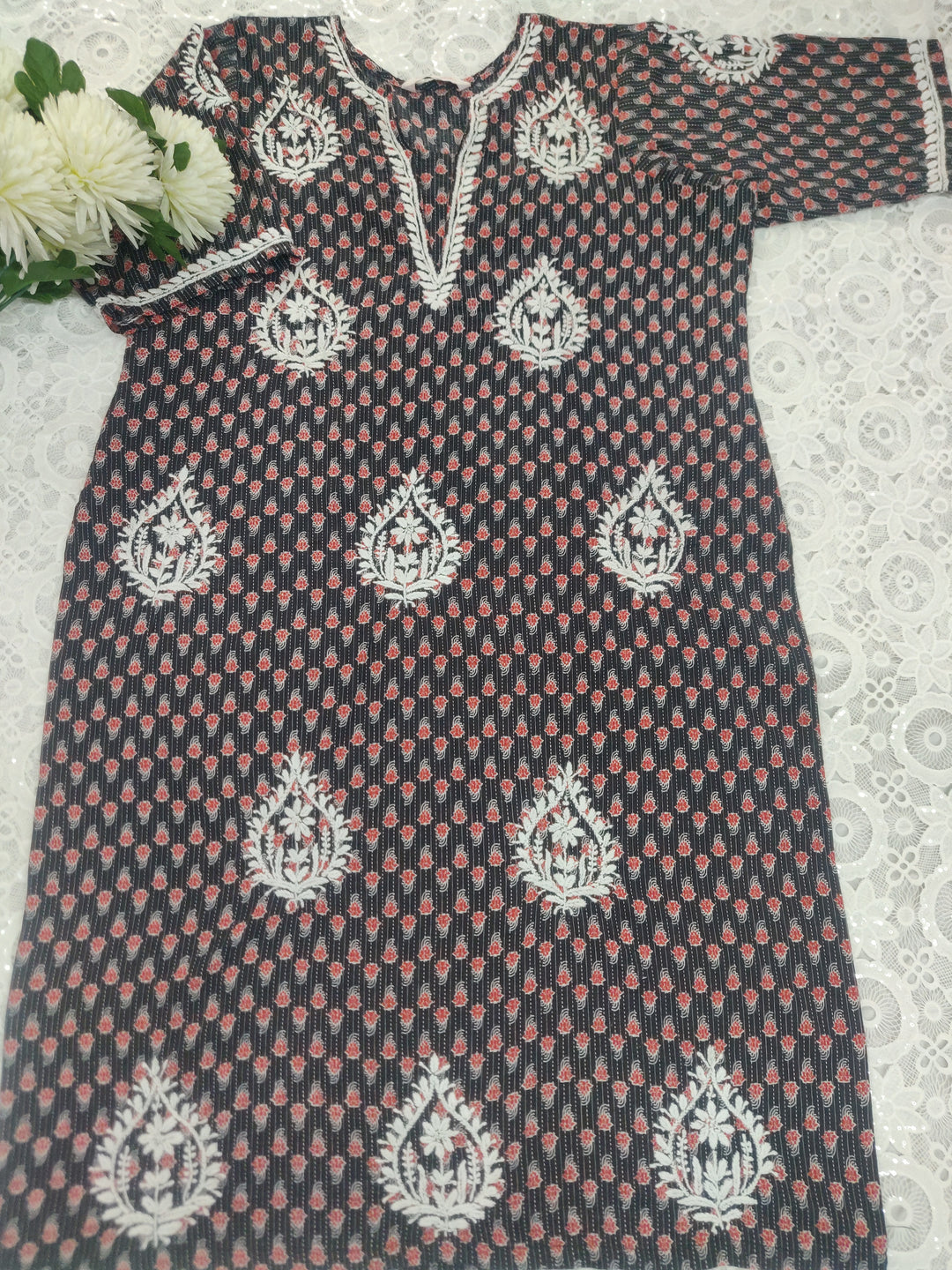 Black Printed Cotton Chikankari Kurta