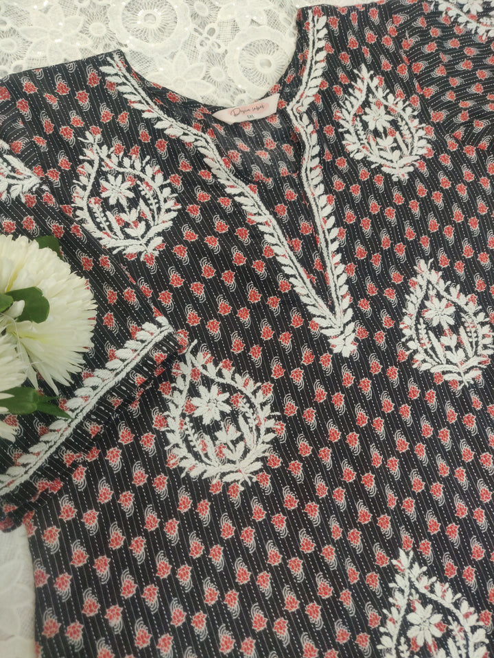 Black Printed Cotton Chikankari Kurta