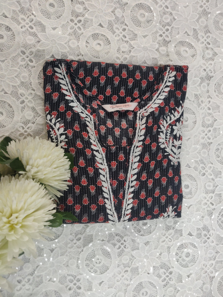 Black Printed Cotton Chikankari Kurta