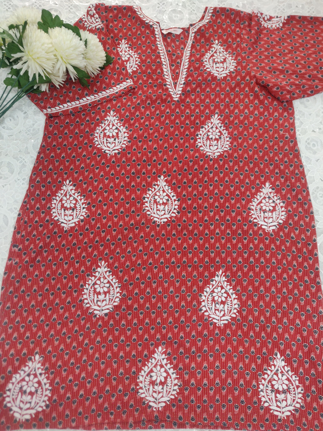 Red Printed Cotton Chikankari Kurta