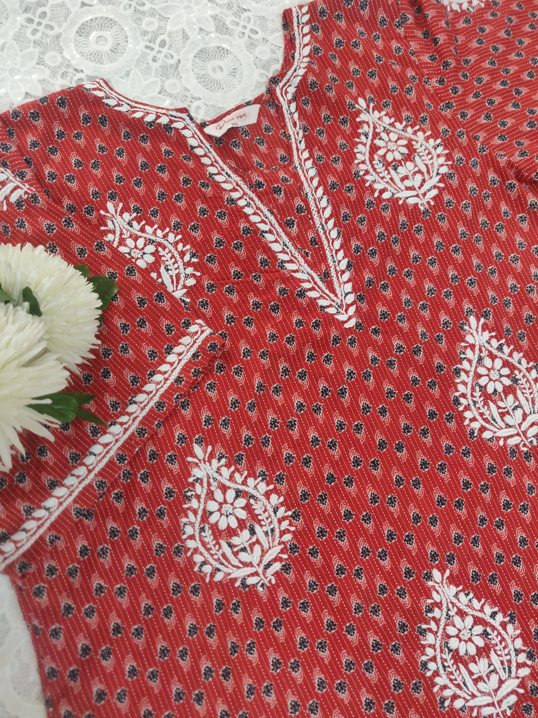 Red Printed Cotton Chikankari Kurta