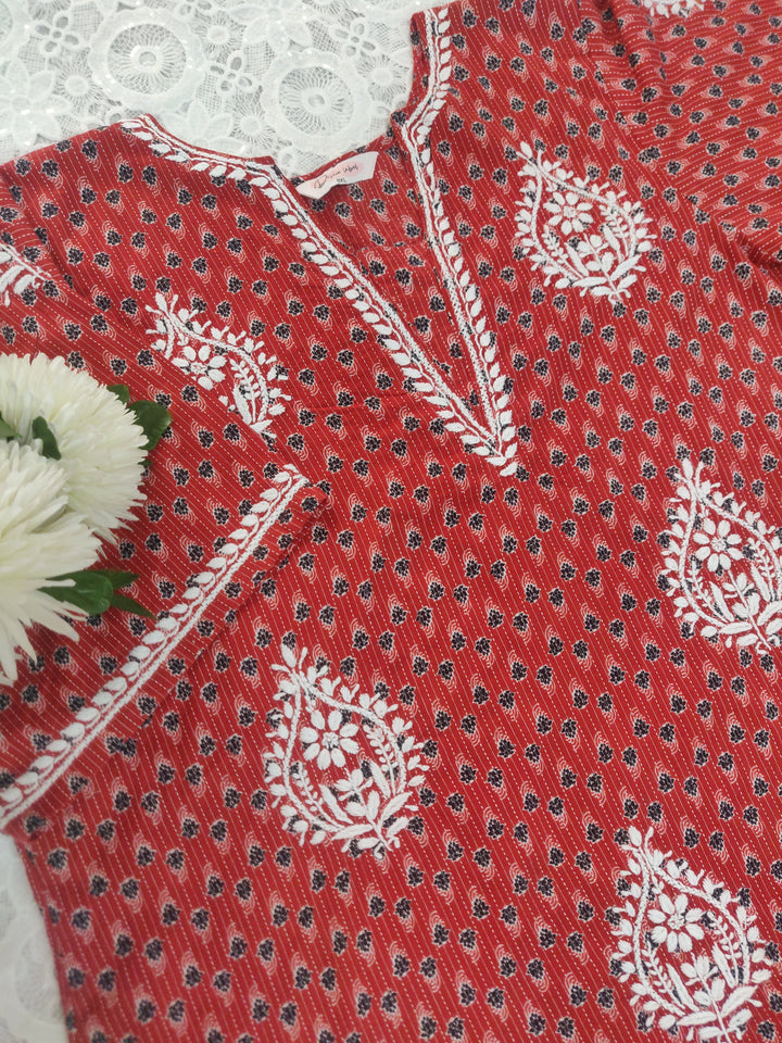 Red Printed Cotton Chikankari Kurta