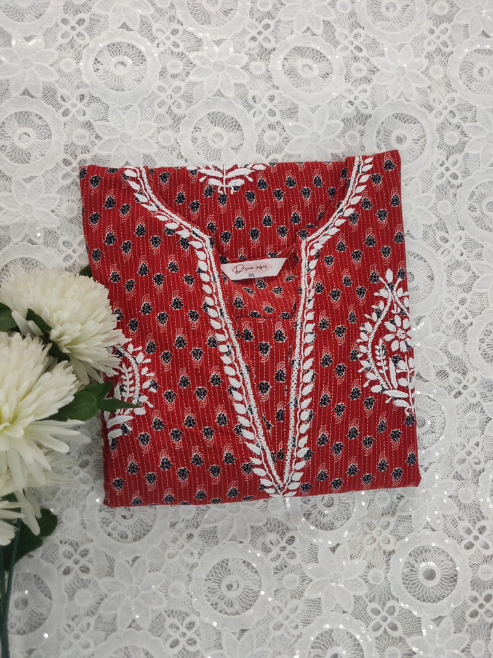 Red Printed Cotton Chikankari Kurta