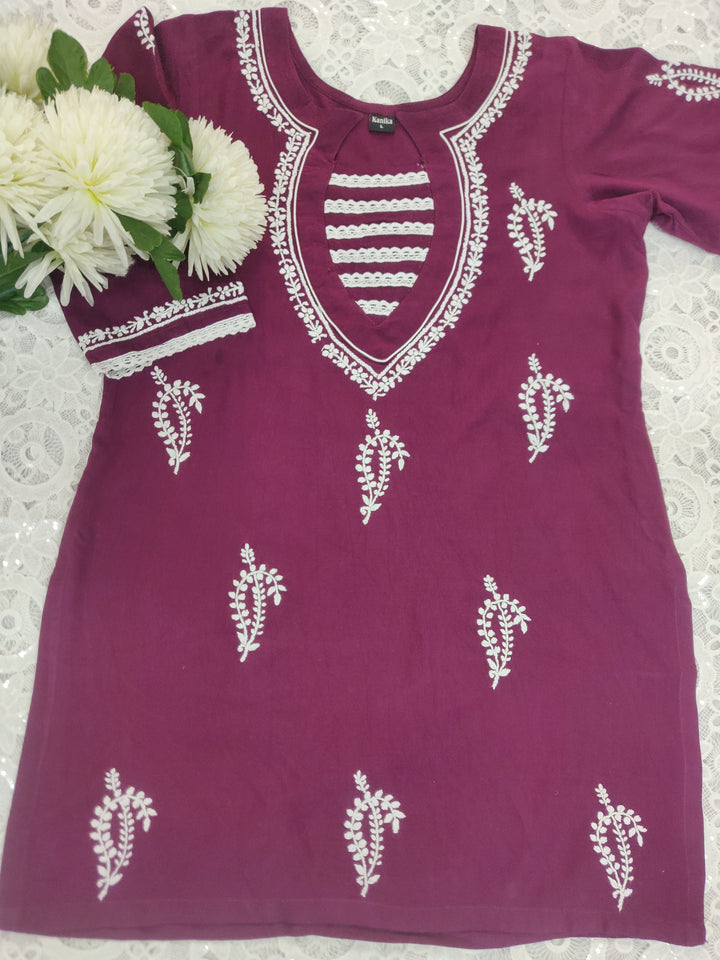 Wine Rayon Chikankari Short kurta