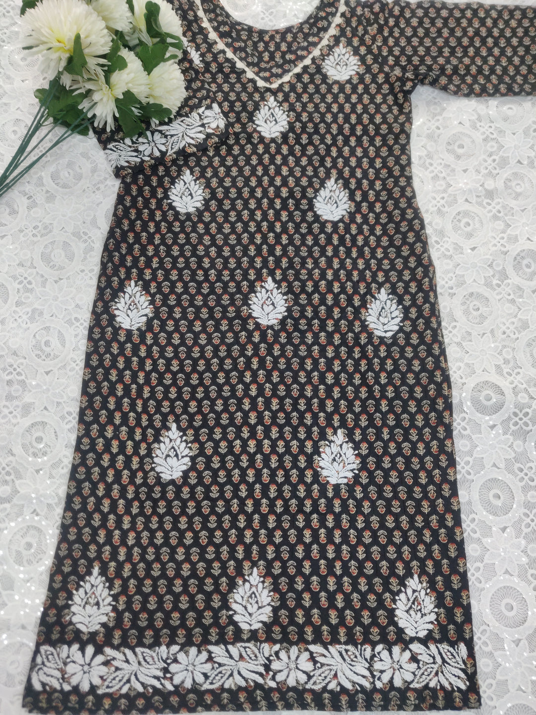 Black Printed Cotton Chikankari kurta