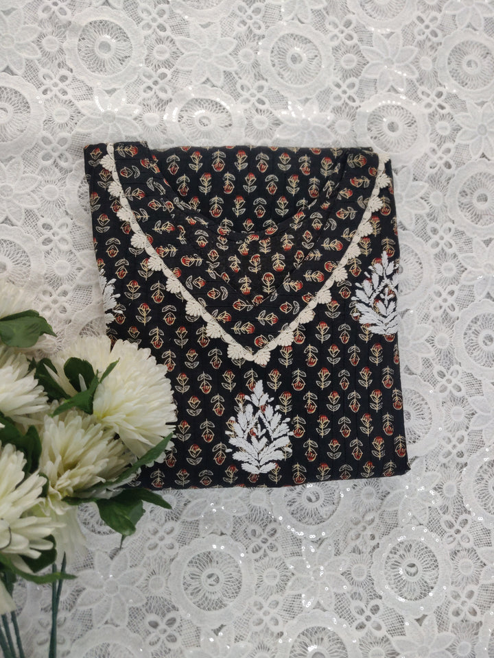 Black Printed Cotton Chikankari kurta