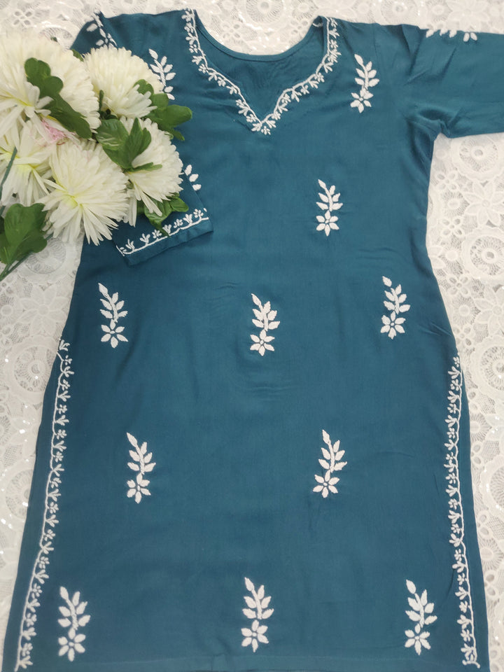Peacock Blue Rayon Chikankari Short kurta
