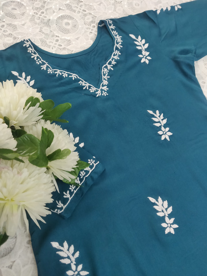 Peacock Blue Rayon Chikankari Short kurta
