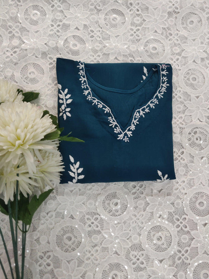 Peacock Blue Rayon Chikankari Short kurta