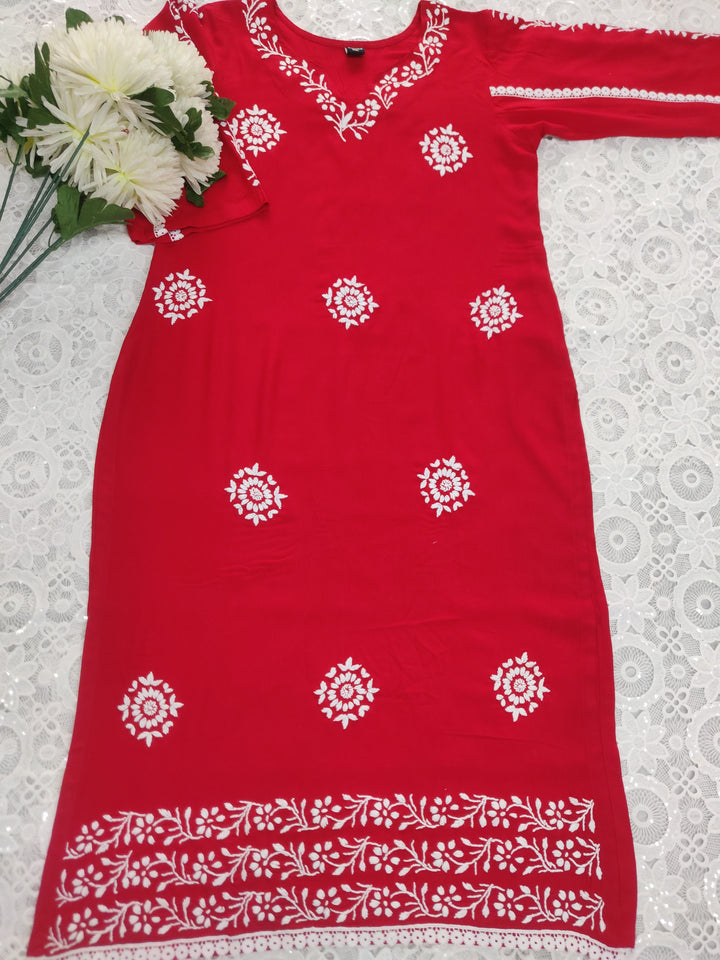 Red Rayon Chikankari kurta