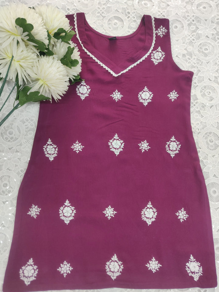Wine Rayon Chikankari Short kurta