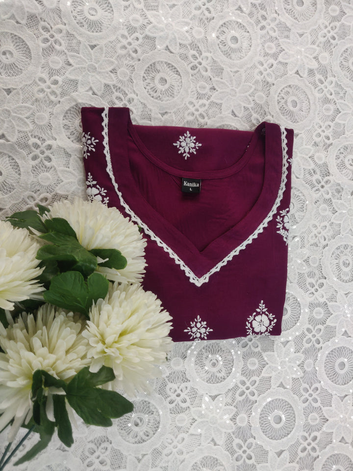 Wine Rayon Chikankari Short kurta