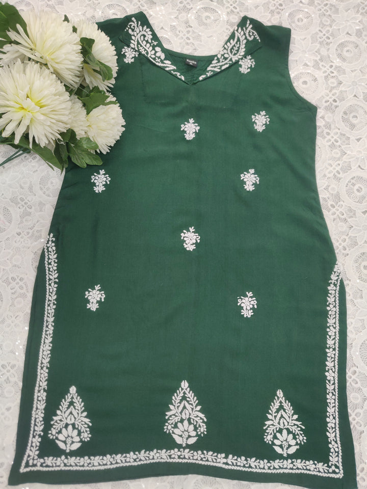 Dark Green Rayon Chikankari Short kurta