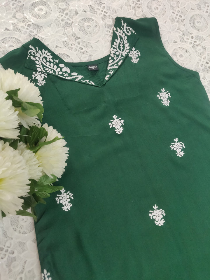 Dark Green Rayon Chikankari Short kurta