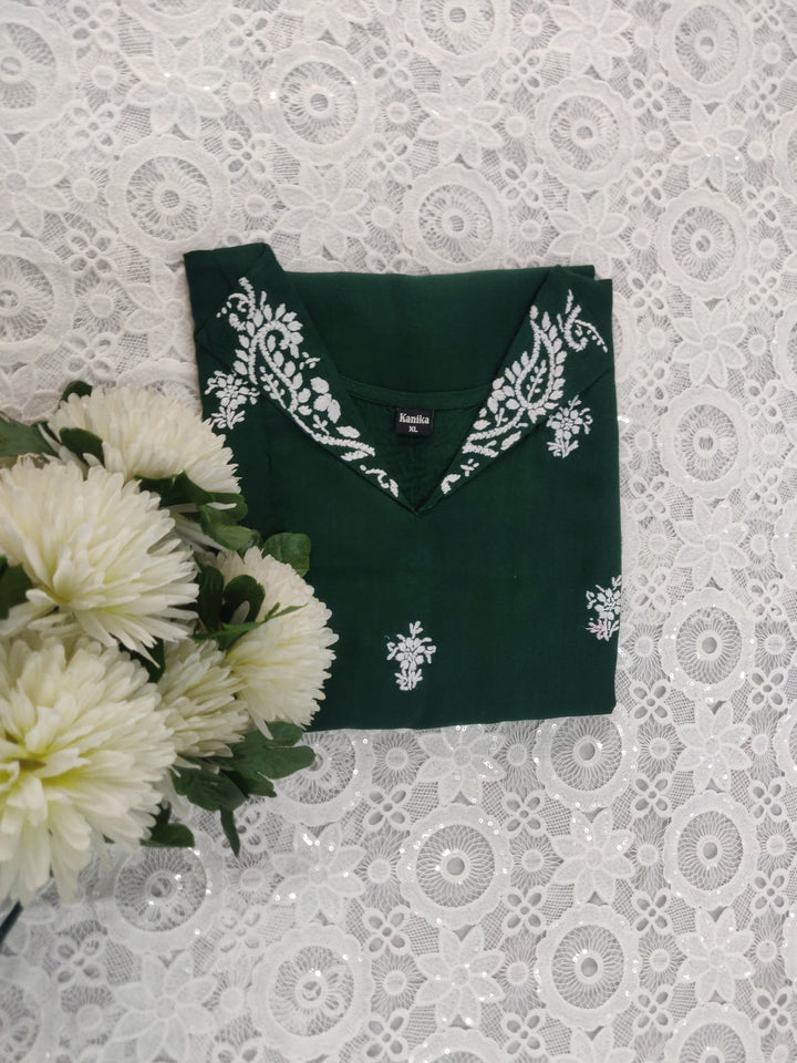 Dark Green Rayon Chikankari Short kurta