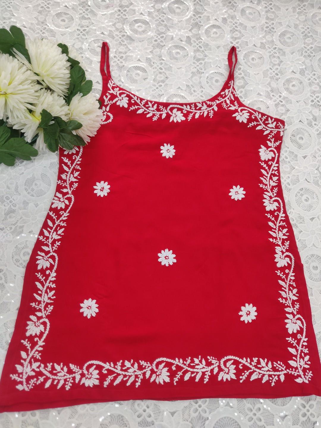 Red Rayon Chikankari Short kurta