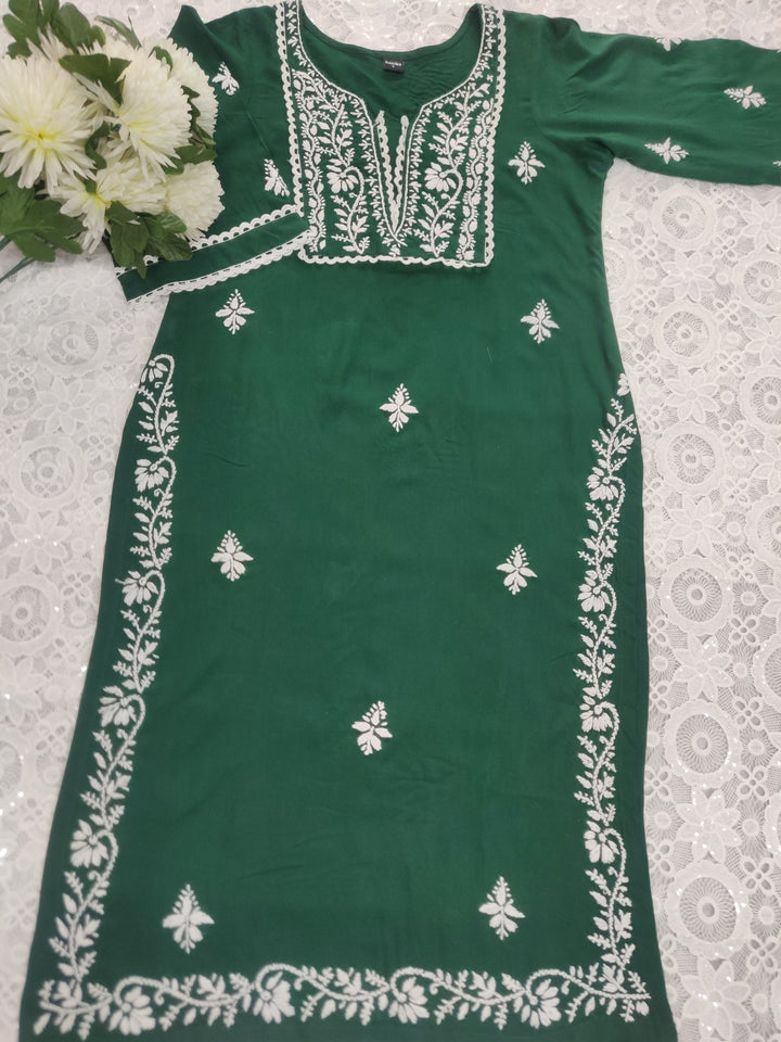 Dark Green Rayon Chikankari Short kurta