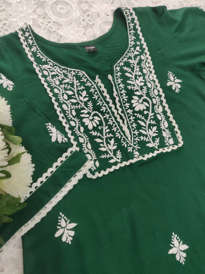 Dark Green Rayon Chikankari Short kurta