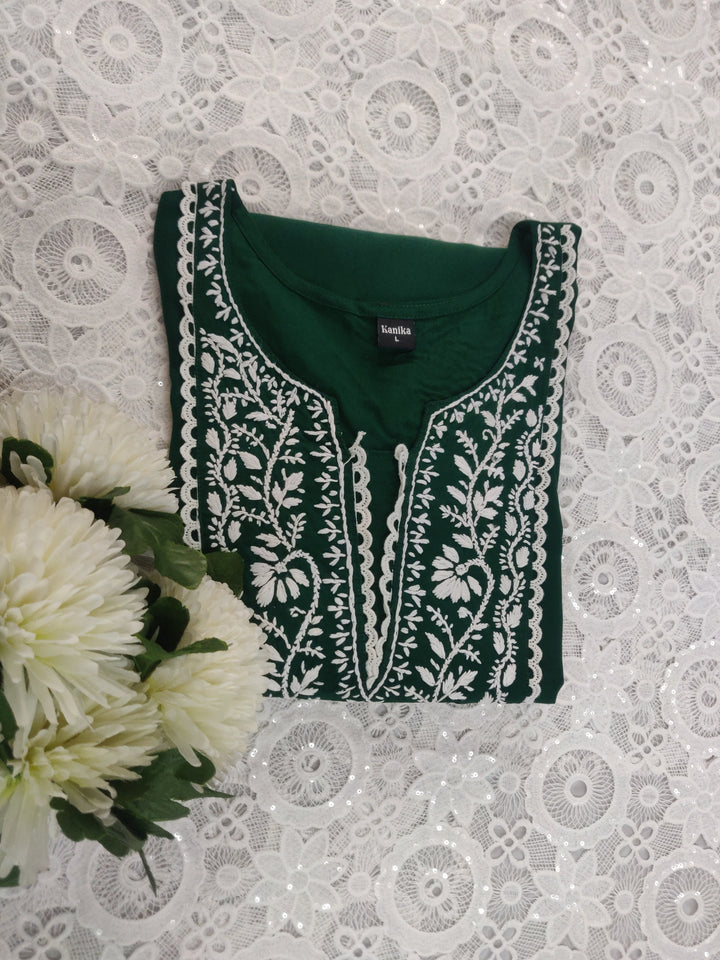 Dark Green Rayon Chikankari Short kurta