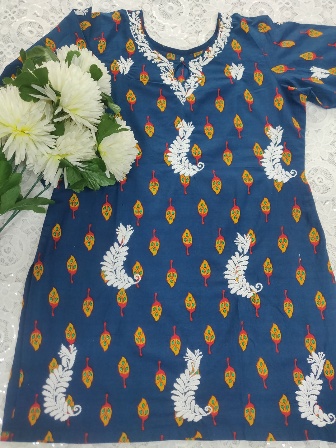 Blue Printed Cotton Chikankari Short kurta