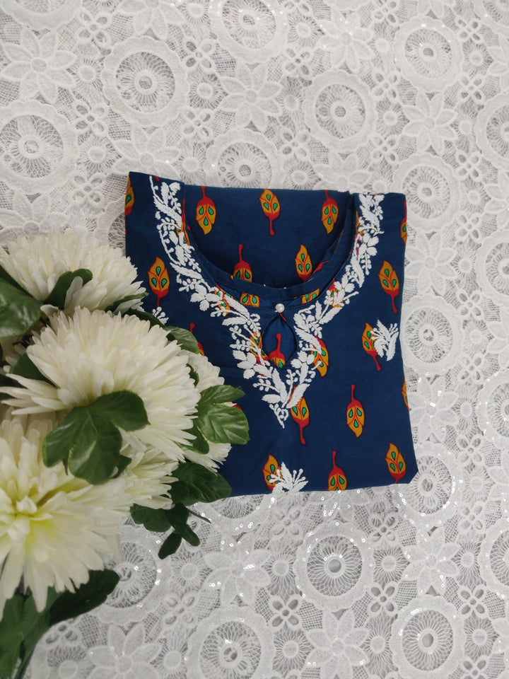 Blue Printed Cotton Chikankari Short kurta
