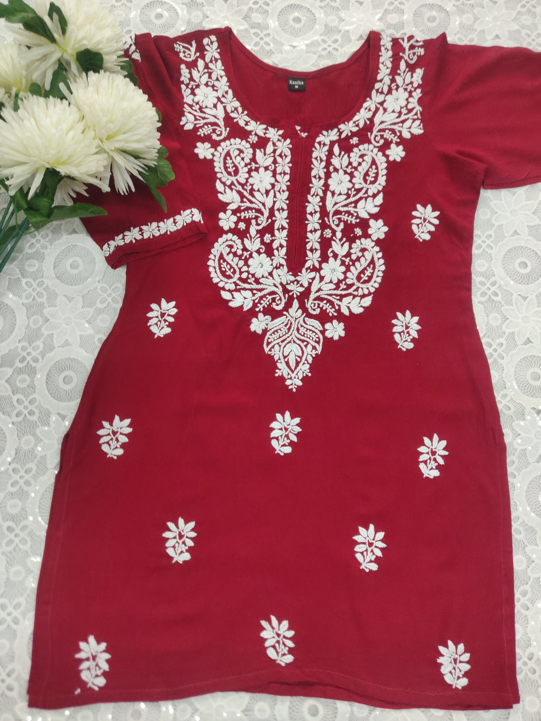 Maroon Rayon Chikankari Short kurta