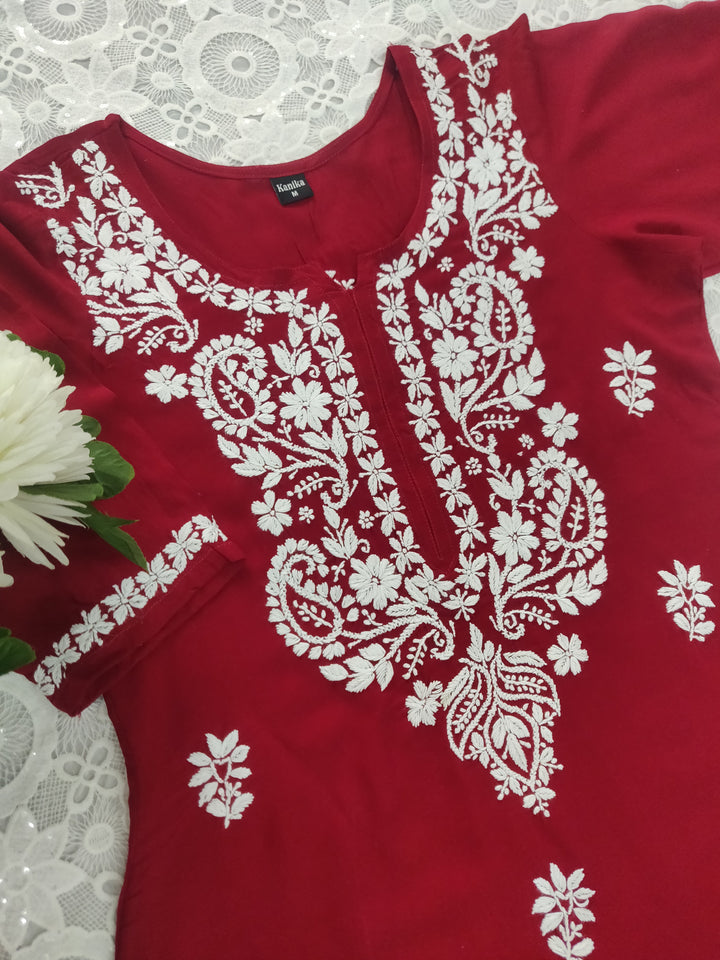 Maroon Rayon Chikankari Short kurta