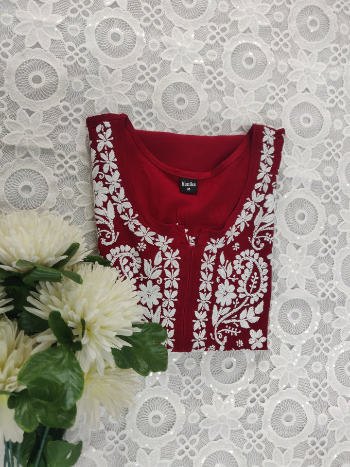 Maroon Rayon Chikankari Short kurta