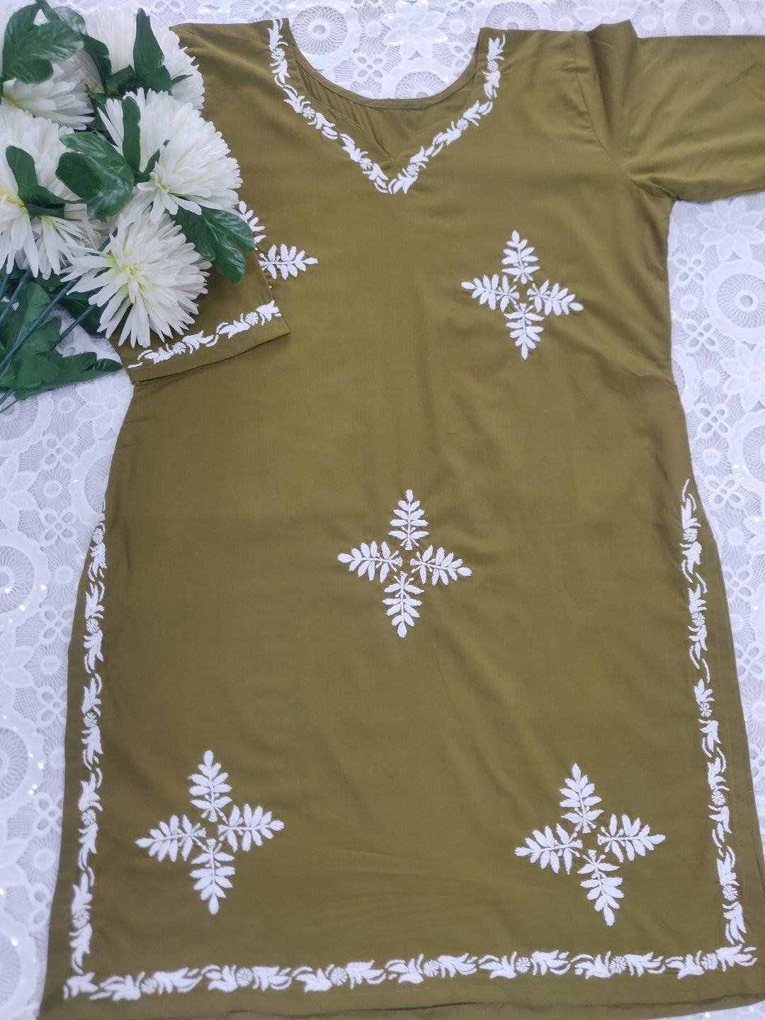 Olive green Modal Chikankari Short kurta