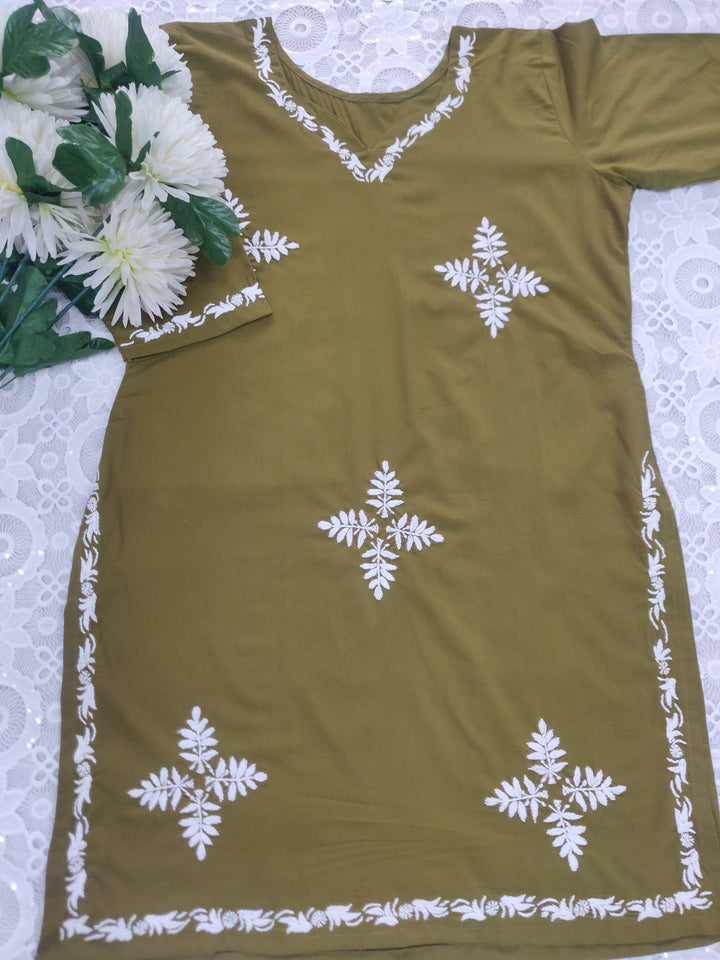 Olive green Modal Chikankari Short kurta