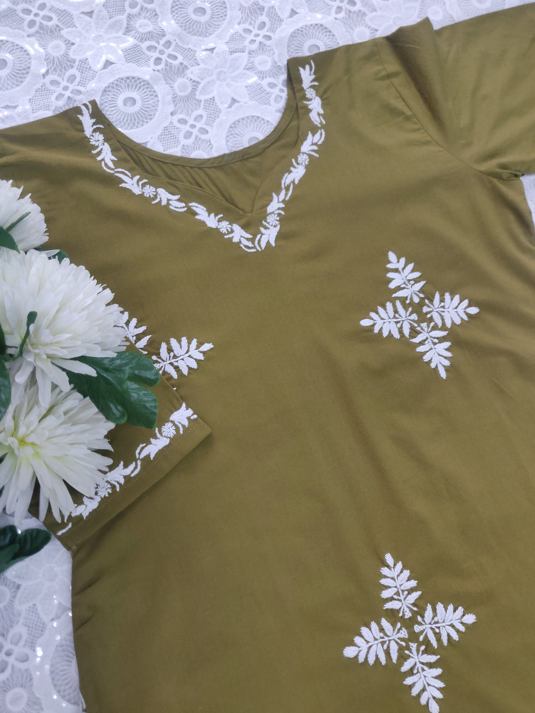 Olive green Modal Chikankari Short kurta