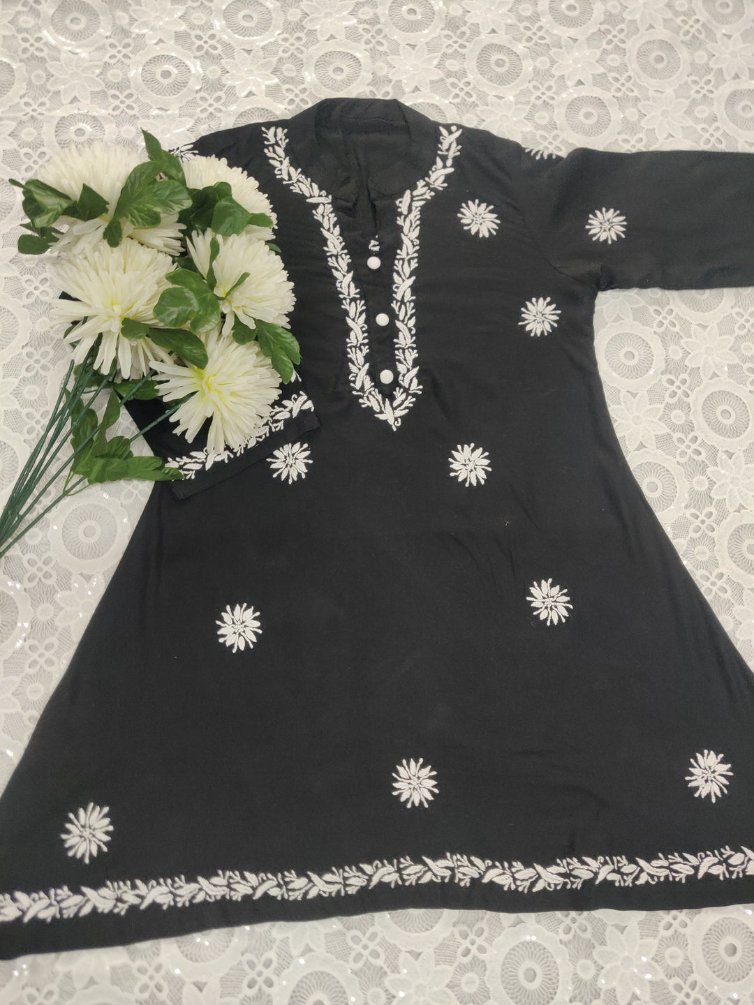 Black Rayon Chikankari Short A-line Kurta