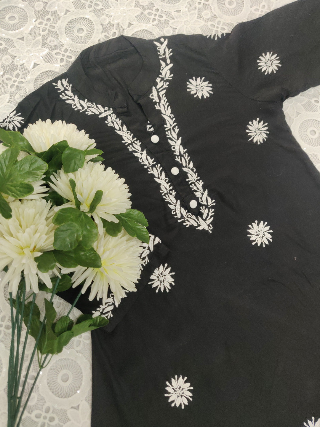 Black Rayon Chikankari Short A-line Kurta