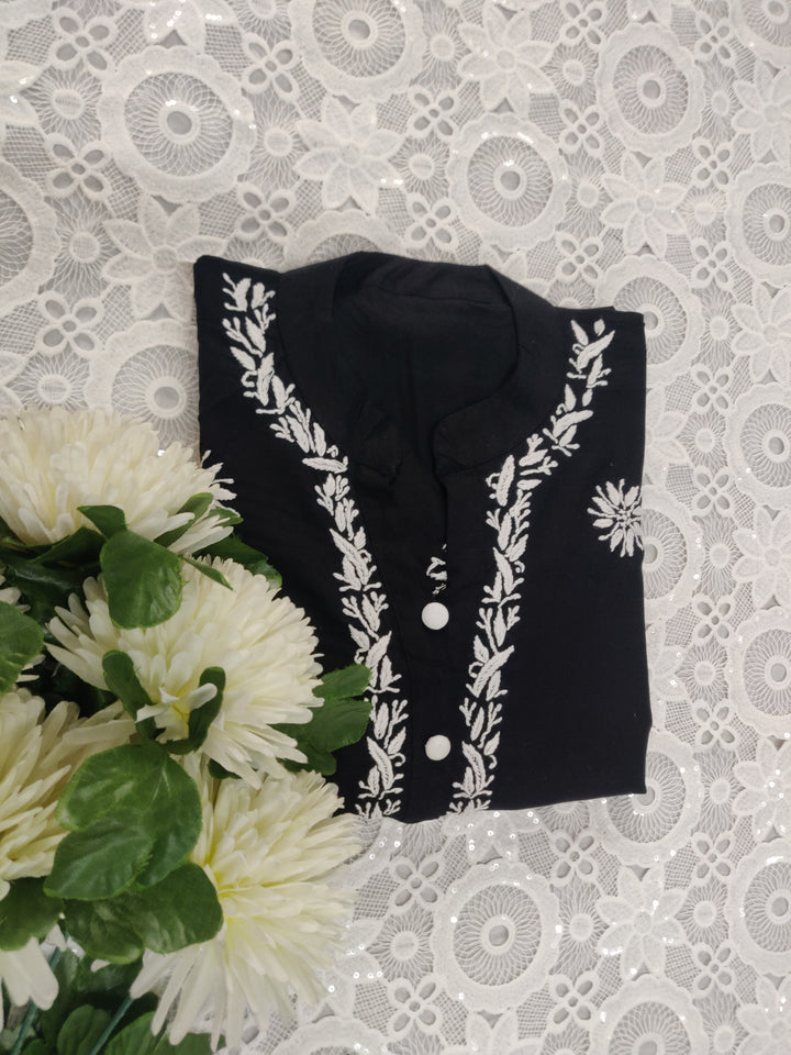 Black Rayon Chikankari Short A-line Kurta